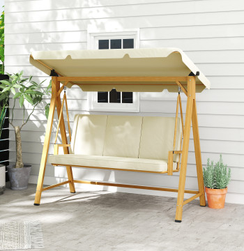 Balcon extérieur de 3 places avec auvent réglable Coussin et structure avec profilés en bois Charge 330 kg 195x120x170 cm Bois et crème