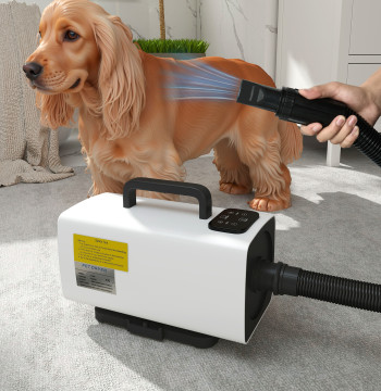 Secador de Cães Secador para Animais de Estimação 2200 W Velocidade e Temperatura Ajustáveis 3 Bicos Ecrã Digital para Higiene Banho Secagem 34x16x25 cm Branco
