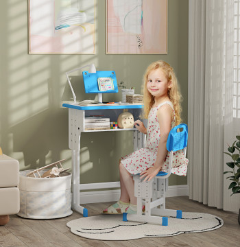 6-12 Scrittoio e sedia per bambini Set anni Segretaria per bambini con altezza regolabile 1 cassetto 1 matita e 1 libro Shelf 60x45x90-120 cm Blu