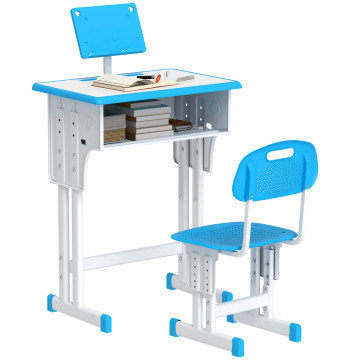 Conjunto de Secretária e Cadeira para Crianças de 6-12 Anos Secretária Infantil com Altura Ajustável 1 Gaveta 1 Suporte para Lápis e 1 Prateleira para Livros 60x45x90-120 cm Azul