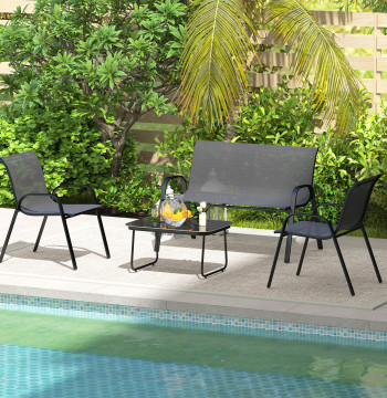 Ensemble jardin extérieur 4 pièces mobiles de jardin avec 2 chaises empilables 1 2 Place Canapé et table centrale avec banc en verre trempé noir