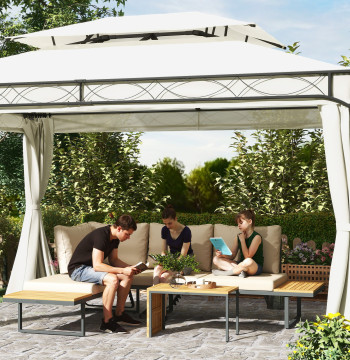 Ensemble de meubles de jardin en forme de L avec 2 canapés de 3 places assises réglables et table en bois polyvalente Acacia avec oreillers beiges et gris