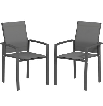 Ensemble de 2 chaises de jardin Chaises extérieures Chaises à repas empilables avec tissu transparent Structure en acier Supports de bras et dossier 56x58x89 cm Gris foncé