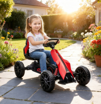 Pédales kart pour enfants de 3 à 8 ans avec siège réglable en 4 positions, frein à main et roues EVA chargent 30 kg 100x58x58.5 cm Rouge