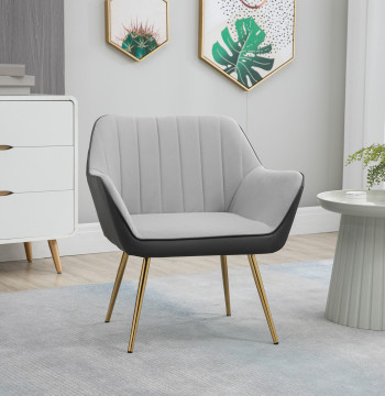 Poltrona de Sala de Estar Estofada em Couro Sintético e Veludo com Apoios para os Braços Pés Dourados e Estrutura de Aço Poltrona para Dormitório Carga 120 kg 64x62x72,5 cm Cinza