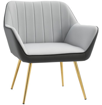 Poltrona de Sala de Estar Estofada em Couro Sintético e Veludo com Apoios para os Braços Pés Dourados e Estrutura de Aço Poltrona para Dormitório Carga 120 kg 64x62x72,5 cm Cinza