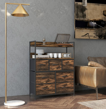 Cómoda para Dormitório Cómoda com 7 Gavetas Dobráveis Prateleiras Abertas e Estrutura de Aço Cómoda Estreito para Sala Entrada 79x29x101 cm Castanho Rústico