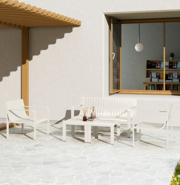 Conjunto de Jardim 5 Peças Móveis de Exterior com 2 Poltronas 1 Sofá de 2 Lugares e 2 Mesas de Centro Desenho de Ripas Impermeável Anti-UV Branco