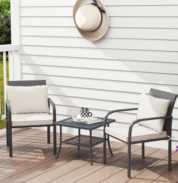 Set da giardino di 3 mobili da giardino parti con 2 sedie con cuscini rimovibili e lavabili e tavolo con mensola e tavolo in vetro Stagionato per balcone e patio marrone scuro e crema