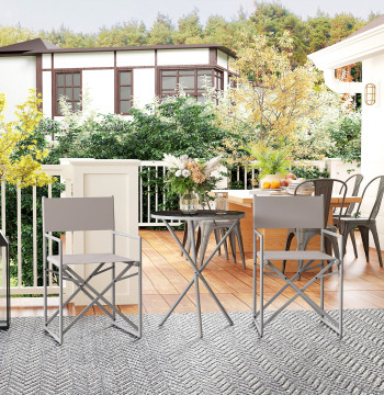 3 pièces de meubles de jardin Ensemble de meubles de balcon avec 2 chaises pliantes Table avec banc en verre trempé et structure en acier pour patio extérieur gris foncé
