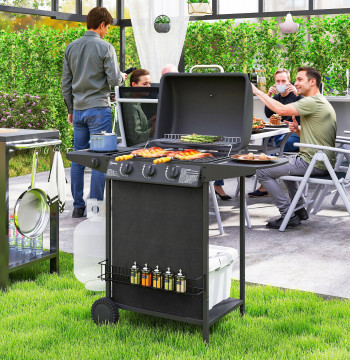 Rasatura a gas con 3+1 bruciatori da 9.5 kW Barbecue Portatile con Tavolino Termometro Scaffale per Stagioni Griglia Fat Collector 2 Ruote per Outer Garden Campeggio 108x54x97 cm Nero