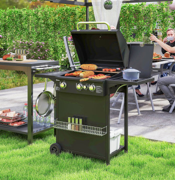 Rasatura a gas con 3+1 8,5 kW Barbecue Bruciatori portatili con termometro Tabella laterale Griglia Fat Picker 2 ruote per Outer Garden Campeggio 123x57x98 cm Nero