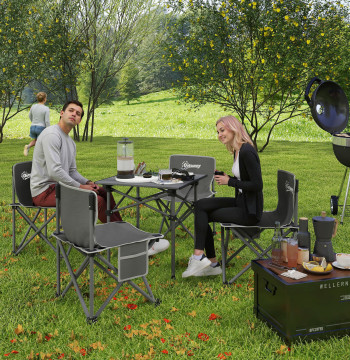 Set da tavolo e sedie da campeggio Tavolo pieghevole e campeggio portatile con sedie Include 1 tavolo 55x51x50 cm e 4 sedie pieghevoli con tasche laterali e borsa da trasporto grigio scuro