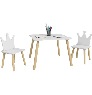 Mesa e Cadeiras Infantis de 3 Peças Mesa Infantil com 2 Cadeiras com Encosto em Forma de Coroa para Crianças de 3-6 Anos para Sala de Jogos Dormitório Escola Infantil Branco
