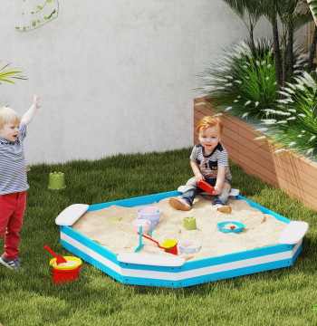 Scatola di sabbia per bambini sopra i 3 anni Scatola di sabbia per bambini quadrato con 4 posti esterni 133x133x16 cm Blu e Bianco