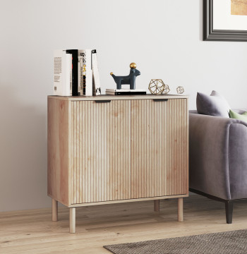 Aparador de Sala de Estar Aparador com Prateleira Ajustável 2 Portas Sistema Anti-Tombo e Pés de Madeira de Pinho para Sala de Jantar Corredor 78x40x77,5 cm Carvalho