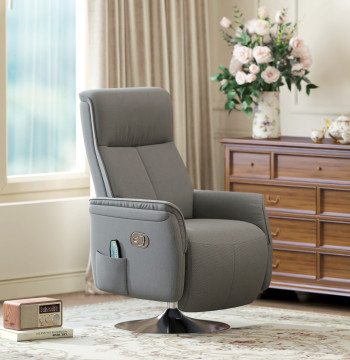 Poltrona de masaje eléctrico con apoyo para los Pés Poltrona Relax Giratoria Reclinable hasta 135° con Control Remoto 10 Puntos de Masaje y Bolso Lateral 68,5x84x110 cm Cinzento