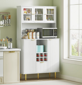 Armário de Cozinha Móvel Auxiliar de Cozinha Armário Alto com 3 Portas de Vidro Suporte para Garrafas Gaveta Prateleiras Ajustáveis e Compartimentos Abertos 100x40x180 cm Branco