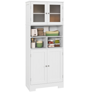 Armário de Cozinha Móvel Auxiliar de Cozinha Armário Alto de Cozinha com 2 Portas de Vidro Prateleiras Ajustáveis e Compartimentos Abertos 60x30x145,5 cm Branco