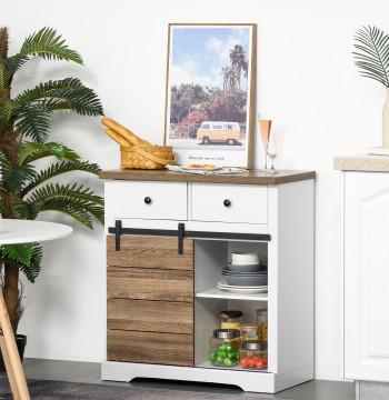 Aparador Armario de Cocina Aparador de Cocina con Puerta de Correr de Celeiro Soporte para 6 Garrafas y 2 Gavetas Estilo Rústico para Sala de Cena 80x39x86 cm Blanco y Madeira