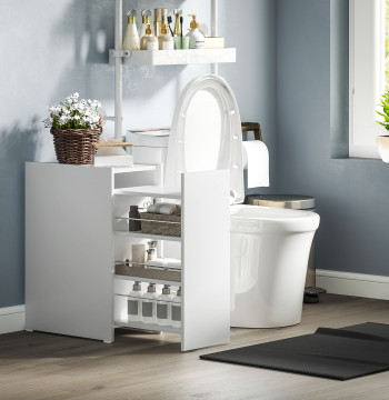 Armário de Casa de Banho Estreito com Gaveta Deslizante e Rodas Móvel de Casa de Banho com 3 Compartimentos Móvel Auxiliar para Espaços Pequenos 47x30x66,5 cm Branco