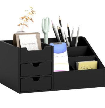 Organizador para Secretária de Bambu Organizador de Mesa de Escritório Multifuncional 33x20,5x15,5 cm Preto