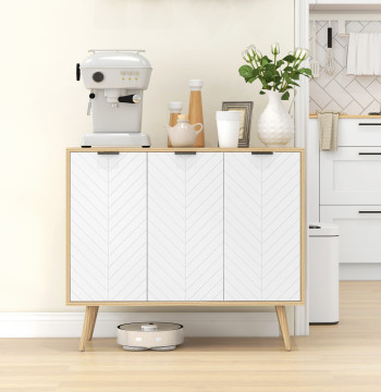 Aparador de Cozinha Moderno Móvel Buffet Auxiliar com Prateleiras Ajustáveis 2 Armários e Anti-Tombo Carga Máx. 50 kg para Sala de Estar 191,5x35x77,4 cm Branco e Madeira