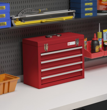 Caixa de Ferramentas de Aço com 2 Gavetas Tampa Abatível e Fechaduras Metálicas Mala de Ferramentas Portátil para Oficina Bricolage Casa 51x22x39,5 cm Vermelho