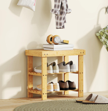 Banco Sapateira de Bambu Sapateira com Assento Organizador de Sapatos com 2 Prateleiras para 4 Pares de Sapatos para Entrada Sala de Estar Dormitório 50x28x45 cm Madeira