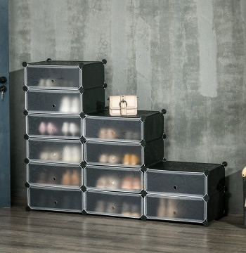 Sapateira Modular de Cubos de Plástico Armario Modular para Zapatos con 12 Cubos con Puerta Diseño de DIY para Entrada Dormitorio 94x37x108 cm Negro