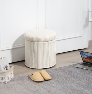 Puff de Arrumação Baú de Arrumação Redondo Estofado em Veludo Cotelê Assento Acolchoado Tampa Removível para Corredor Quarto Sala Ø40x41 cm Creme