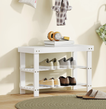 Banco Sapateira de Bambu Sapateira com Assento Organizador de Sapatos com 2 Prateleiras para 6-9 Pares de Sapatos para Entrada Sala de Estar Dormitório 70x28x45 cm Branco