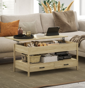 Mesa de Centro Elevable Mesa de Centro con Bancada Elevable Espacio Oculto de Almacenamiento Gavetas y Prateleira Abierta 100x50x48-62 cm Carvalho