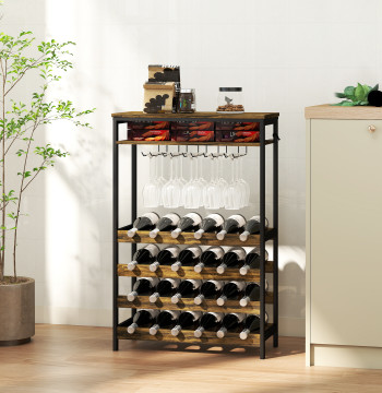 Porte-vins pour 24 bouteilles Support pour bouteilles de vin de style industriel avec support en verre et étagère Ouvert au salon Salle à manger 66x30x100,3 cm Rustic Brown