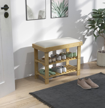 Banco Sapateira de Bambu Sapateira com Assento Almofadado 2 Prateleiras para 6 Pares de Sapatos para Entrada Dormitório 60x29x49 cm Madeira e Creme