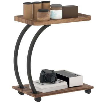 Mesa Auxiliar com Rodas Mesa Auxiliar em Forma de C para Sofá com Prateleiras Estrutura de Aço Mesa Auxiliar para Sala de Estar e Dormitório 52x34x60 cm Madeira e Preto