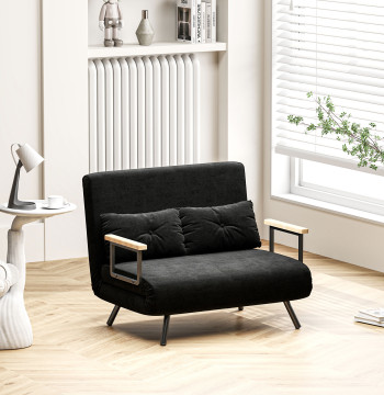 Sofá Cama Sofá Convertível em Cama de 2 Lugares Dobrável com Encosto Ajustável em 5 Níveis e 2 Almofadas Acolchoadas para Escritório Dormitório Sala de Estar 102x73x81 cm Preto