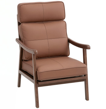 Poltrona de Sala de Estar Poltrona Estofada em PU com Estrutura de Madeira Almofadas Acolchoadas Espessas Poltrona de Leitura para Sala de Estar Quarto 63,5x83x105 cm Marrom e Madeira