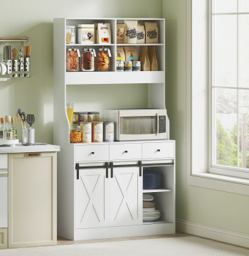 Armario de cocina móvil auxiliar de cocina con 2 Puertas Corredizas 3 Gavetas Bancada para Micro-Ondas y Prateleiras Ajustables 93,5x40x180 cm Blanco
