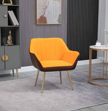 Poltrona de Sala de Estar Estofada em Couro Sintético e Veludo com Apoios para os Braços Pés Dourados e Estrutura de Aço Poltrona para Dormitório Carga 120 kg 64x62x72,5 cm Amarelo