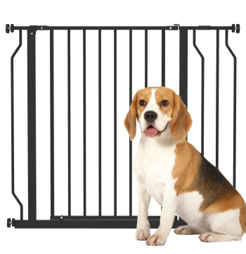 Barrière de sécurité pour chiens extensibles pour escaliers et portes 75-95 cm avec 1 Extensions et 10 cm Montage sous pression Acier Hauteur 76 cm Noir