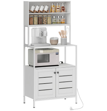 Armário de Cozinha com Tomada de Corrente Suporte para Micro-Ondas Estante de Cozinha com 2 Portas 2 Entradas USB e Compartimentos para Sala de Jantar Sala 80x42x171 cm Branco