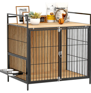 Gaiola para Cães Mesa Auxiliar Moderna Casa para Animais de Estimação com Suporte Giratório com 2 Tigelas 2 Portas e Bancada para Cães Médios 80x56x76,5 cm Madeira e Preto
