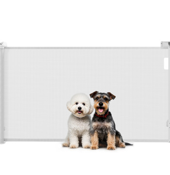 Barreira para Cães Retrátil 0-144 cm Barreira para Cães Pequenos Extensível Barreira de Segurança para Animais de Estimação com Fecho para Escadas Portas Corredores Branco