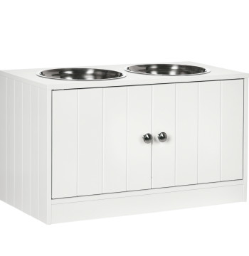 Comedouro Elevado para Cães Grandes com 2 Tigelas de 2000ml de Aço Inoxidável Comedouro para Cães com 2 Portas e Armazenamento Oculto 60x30x35,5cm Branco