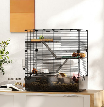 Gaiola para Pequenos Animais de 4 Níveis com Bandeja Inferior Gaiola para Roedores com Rampas Comedouro e Bebedouro Recinto para Chinchilas 73x47x80 cm Preto