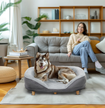 Sofá para Cães Médios e Grandes Sofá para Animais de Estimação com Pate Superior Amovível Capa Lavável e Pés de Madeira Carga 25 kg 90x78x25 cm Cinza