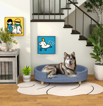 Sofá para Cães Grandes Sofá para Animais de Estimação com Almofada Amovível Capa Lavável e Pés de Madeira Carga 30 kg para Interior 100x70x25 cm Azul