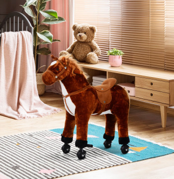 Cavalo de Brinquedo para Crianças de +3 Anos Cavalo de Brinquedo com Rodas Sons e Estrutura de Metal Carga 60kg 65x28x75 cm Castanho