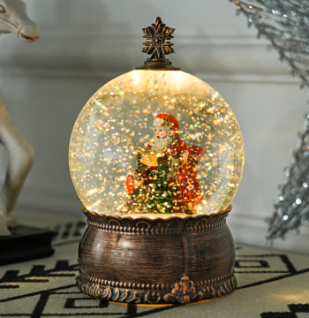 Snowball avec musique et lumières Snow Globe avec scène Santa et décoration de Noël enfant Bronze